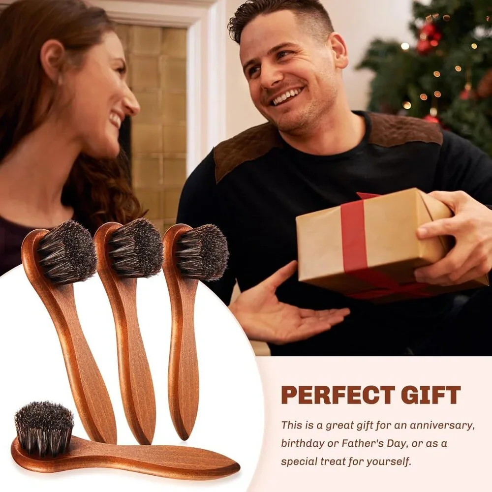 4-In-1 Wooden Handle Horsehair Brush Kit with Microfiber Cloth for Shoe Shine